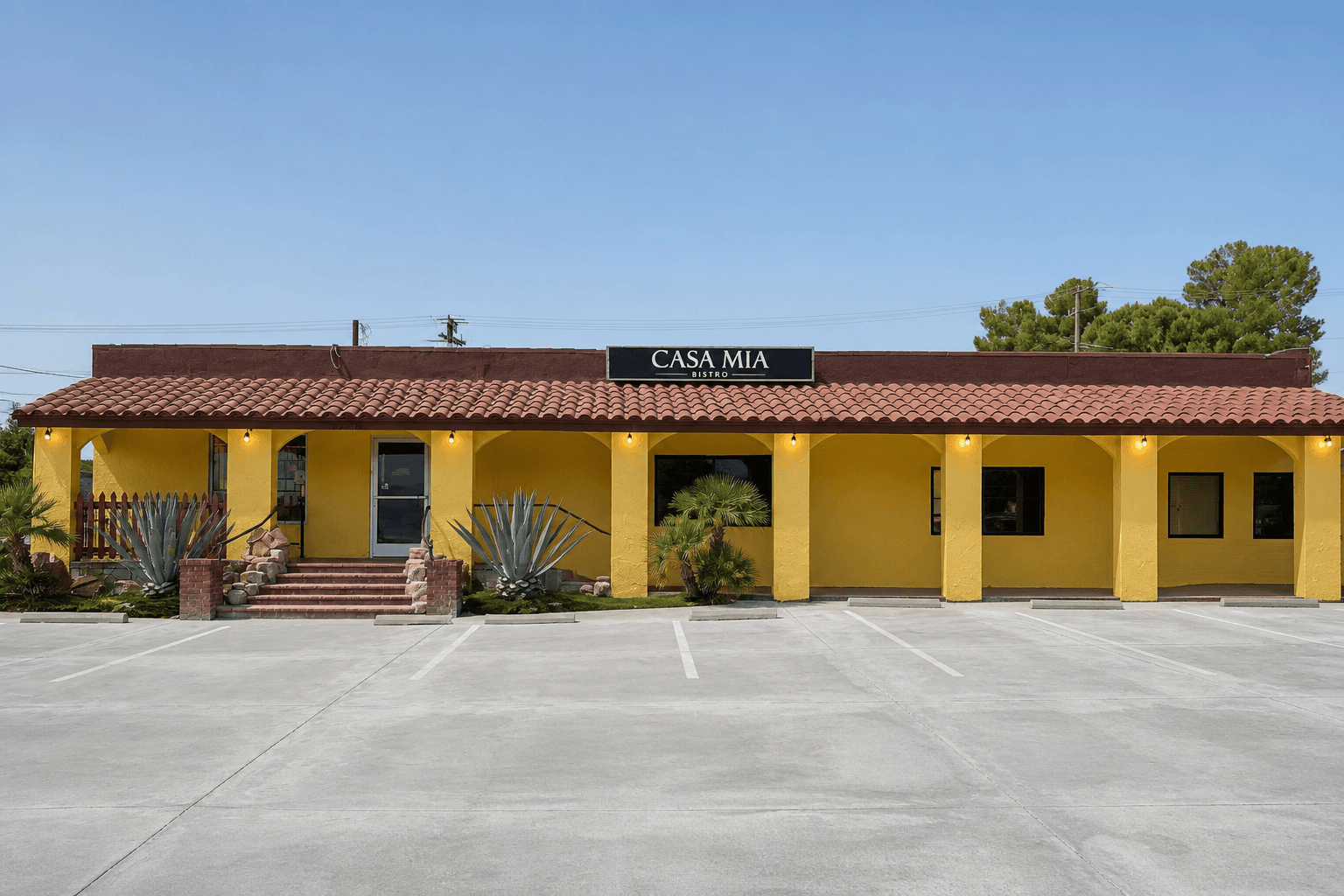 Straight-on exterior view of Casa Mia Bistro in Victorville