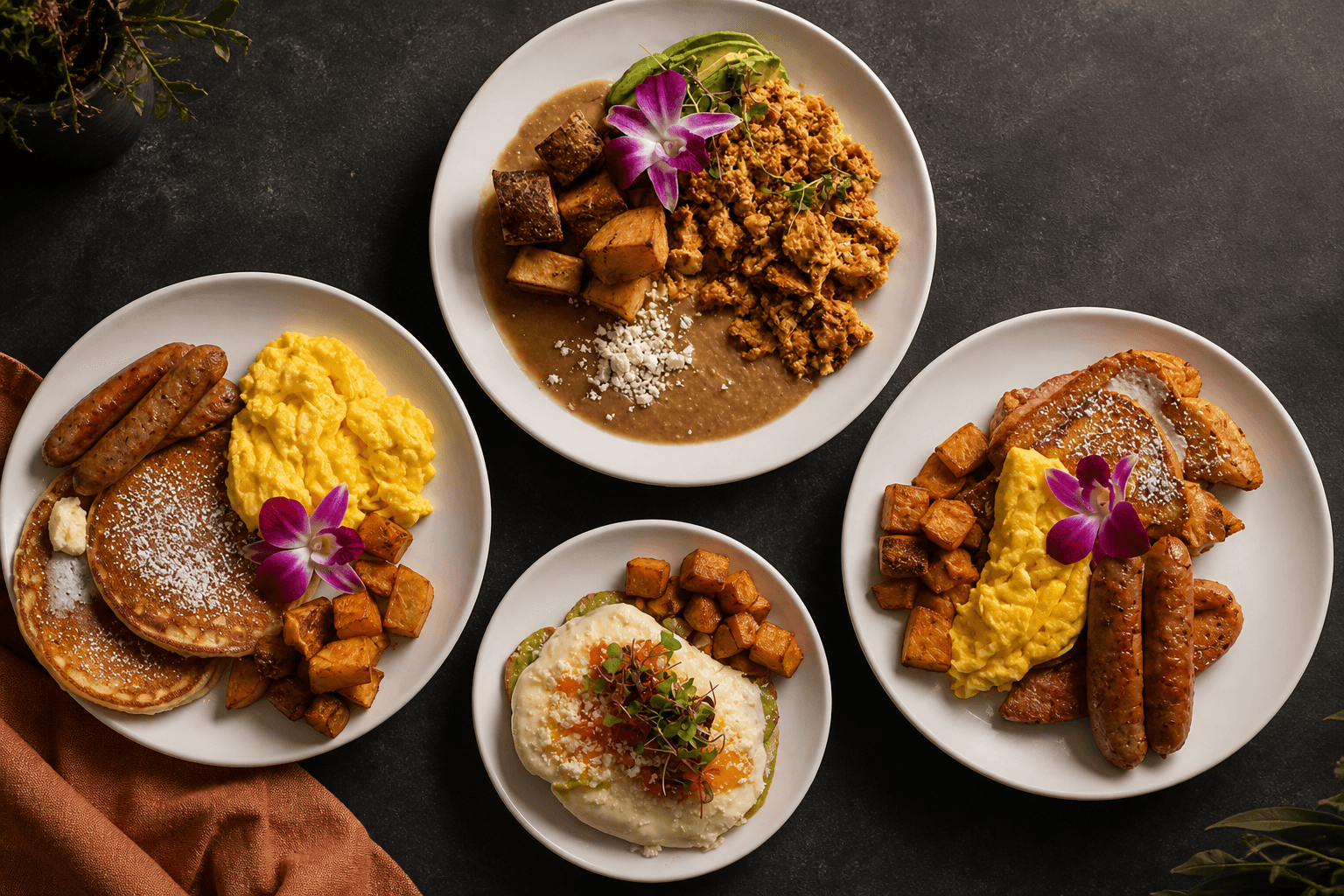 Overhead Casa Mia Bistro brunch spread with breakfast plates